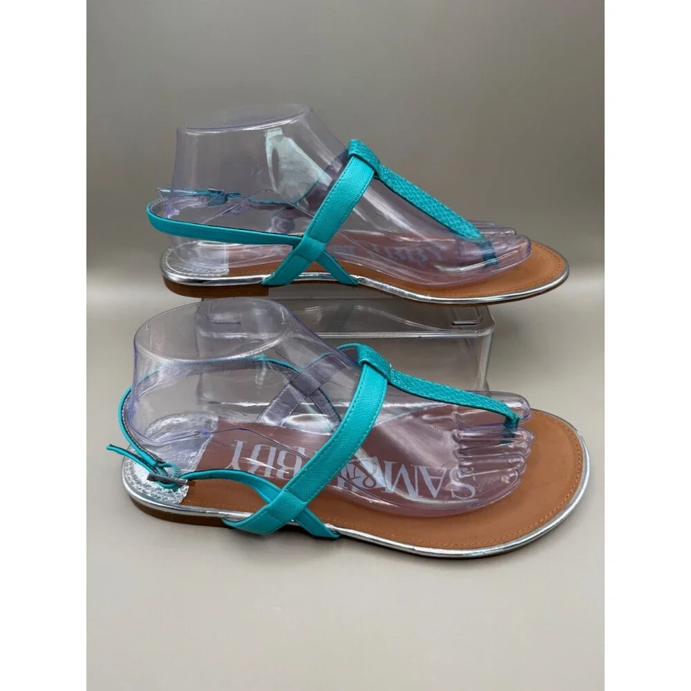 Sam & Libby Turquoise Teal Silver T-Strap Flat Sandals Size 9